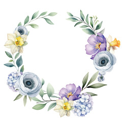 Watercolor flowers wreath with colorful leaves branches wildflowers illustration elements - 757284224