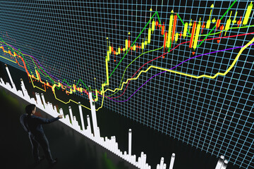 Price movement chart with indicators and volumes. The trader analyzes the price movement on a huge trading chart. A businessman-investor observes an increase in the price of an asset. © Taras Rudenko