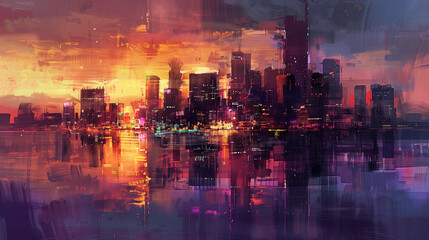 Cityscape at dusk depicted in Abstract Art style, ai generative