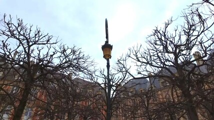An old historical lamppost surrounded by trees and historic buildings.