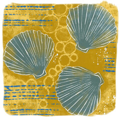 Mixed media background with a print of shells