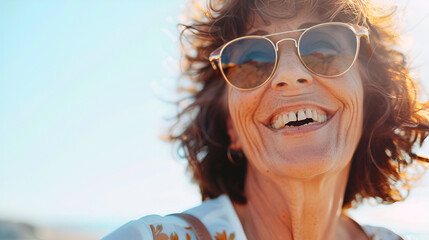 Laughing Mature Woman Wearing Sunglasses and Looking Away, Happy Senior Lady Enjoying Outdoor Leisure Time, Generative AI

 - obrazy, fototapety, plakaty