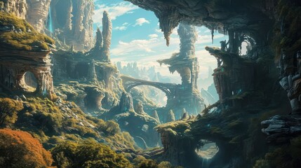 surreal landscape filled with mystical elements, unusual formations, and a dreamy atmosphere that transports viewers to an alternate reality - obrazy, fototapety, plakaty