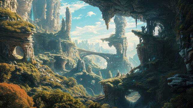 surreal landscape filled with mystical elements, unusual formations, and a dreamy atmosphere that transports viewers to an alternate reality