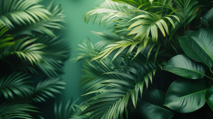 Fototapeta na wymiar Tropical Greenery Left-aligned on Green Canvas 