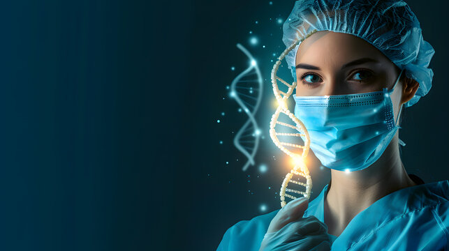 A healthcare professional wearing a surgical mask and cap stands before a holographic visualization of a DNA double helix structure.