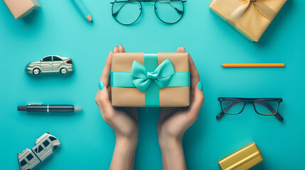 A pair of hands presenting a wrapped gift with a teal bow, amidst various desk items on a pastel blue background.
 - Powered by Adobe