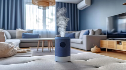 Modern air purifier is on the table in the living room