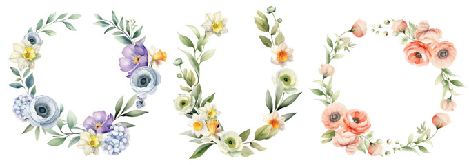 Watercolor flowers wreath with colorful leaves branches wildflowers illustration elements - 757286088