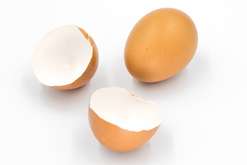 Close-up view of raw chicken eggs, chicken egg isolated on white background, Raw eggs on white background