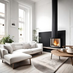 White corner sofa near fireplace.