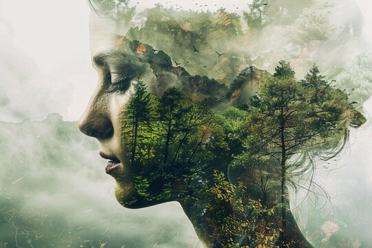A woman's face is shown in a forest with trees and birds. The image has a dreamy, ethereal quality to it, as if the woman is a part of the natural landscape