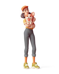Young cute kawaii positive excited smiling asian active k-pop girl in fashion casual clothes, blue jeans, yellow t-shirt, holds fluffy playful corgi dog with her hands. 3d render isolated transparent.