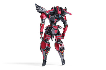 Full body science-fiction mech samurai warrior with black red scratched armor metal, jetpack. Concept art of big military futuristic robot with heavy armor. Back view. 3d render isolated transparent.