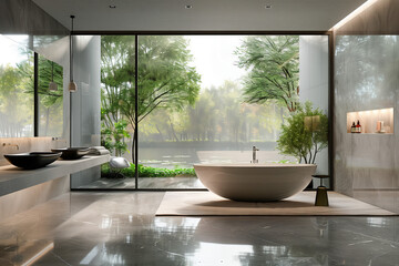 Zen Bathroom Interior with Forest View. Spacious zen-inspired bathroom featuring a freestanding tub, double vanity, and a tranquil forest view through large windows.