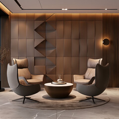 Geometric Harmony Lounge Space. A warm and inviting lounge area featuring ergonomic chairs and a circular table, set against a dynamic geometric wall.