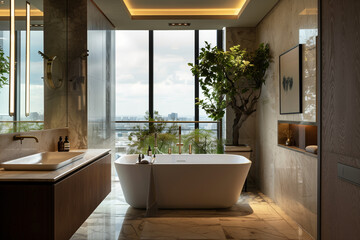Luxurious Urban Retreat Bathroom. Elegant bathroom with a freestanding tub, floor-to-ceiling windows, and a city skyline view.