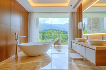 Fototapeta na wymiar Modern Bathroom with Mountain View and Natural Stone. Spa-like bathroom retreat featuring a minimalist tub, double vanity, and expansive mountain views through floor-to-ceiling windows.