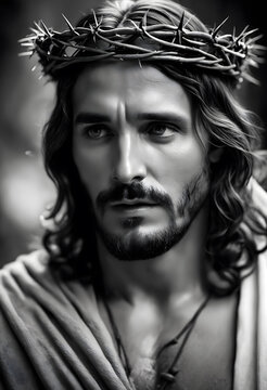 Jesus Christ with a crown of thorns on his head, black and white picture