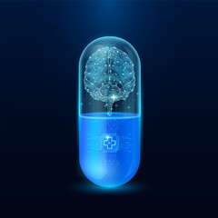 Microchip brain interface in capsule blue luminous. Smart digital pills in health care alternative. Medicine futuristic. Pharmaceutical and scientific medical technology concept. Vector.