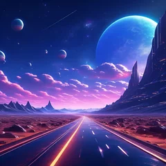 Afwasbaar Fotobehang Donkerblauw Night road in the desert with fireball on the horizon, Space landscape with road to lunar mountains and galaxies, Cyberpunk abstract since space planets background AI generated 