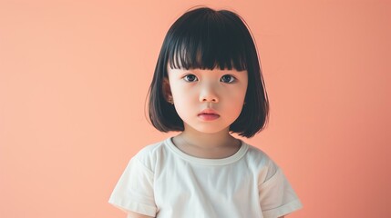 design mockup Asian toddler girl wearing plain blank white t-shirt on a pastel peach background, studio portrait