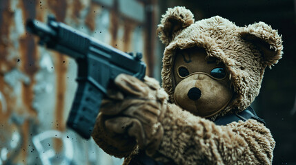 Teddy bear wearing a ski mask and holding a gun - obrazy, fototapety, plakaty