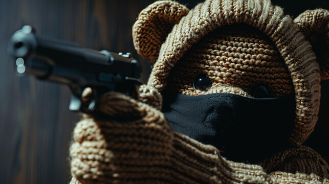 Teddy bear wearing a ski mask and holding a gun