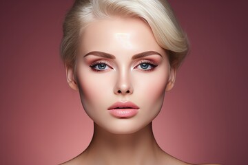 Fototapeta premium Beautiful blonde with flawless skin on pink background. Facial skincare concept.