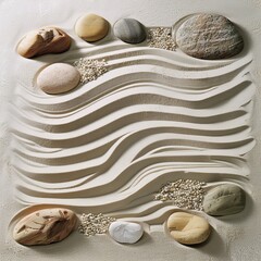 A zen garden pattern with raked sand and smooth stones for a calming effect
