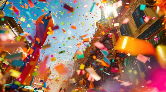 A vibrant carnival scene with confetti streamers