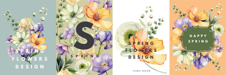 Watercolor floral cards templates design with summer bright wild flowers and leaves - 757288666