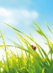 Spring summer background with fresh green tall grass in wind and ladybug against a blue sky in nature, close-up macro. Wide format, copy space. - 757288860