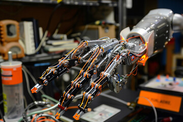 Fototapeta premium An advanced robotic hand powered by a Ni-63 Betavoltaic Battery, demonstrating the potential of beta radiation in next-generation technologies