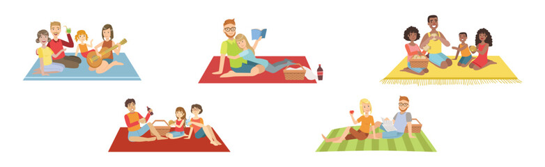 People Character Have Picnic in Park Sitting and Eating Vector Set