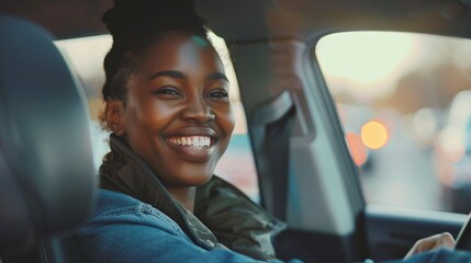 african american brunette woman driving a car