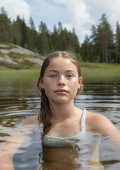 Teen Girl Embracing Midsommar by Swimming in Lake
