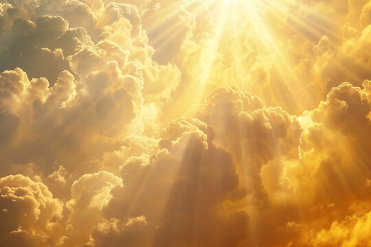 Celestial display of white and golden clouds with sunbeams breaking through, illustrating the concept of God light and spiritual hope