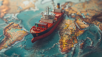 International import export transportation by cargo ship on map.