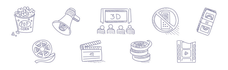 Cinema Object and Item Pen Drawing Line Vector Set