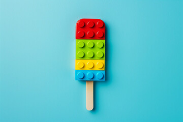 Creative popsicle made of multi-colored plastic Lego pieces on light blue background. Copy space for text.