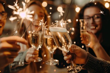 Group of friends celebrating with champagne and sparklers at a party - Powered by Adobe