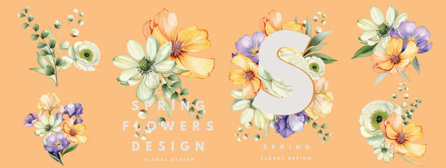 Watercolor floral cards templates design with summer bright wild flowers and leaves - 757290621