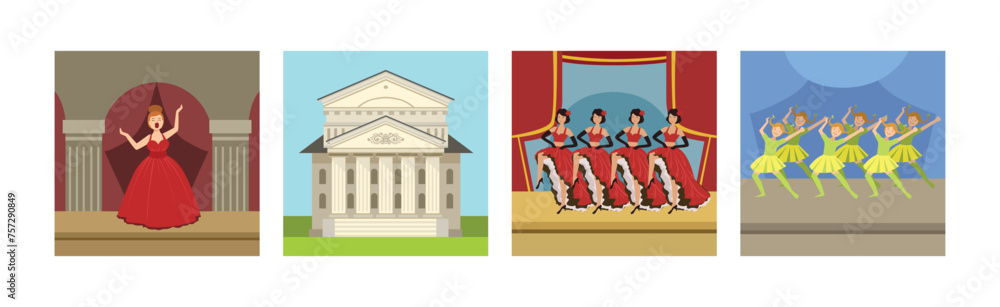 Poster theater performance with people character show on stage and building vector set