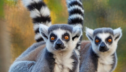Tres lémures grises mirando a camara, se ven sus colas paradas - obrazy, fototapety, plakaty
