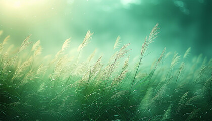 Soft green grass field moving in the wind. Nature spring background. Selective and soft focus of grass, flowers and wild plants moving by a blowing wind and illuminated by a golden sunset. Spring