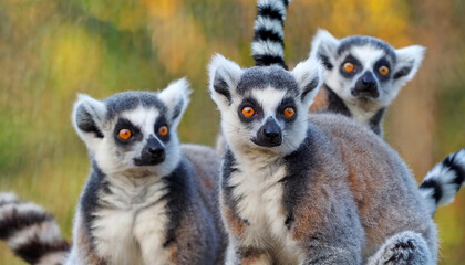 Tres lémures grises mirando a camara, se ven sus colas paradas