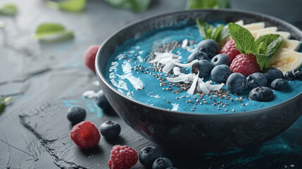A delicious blue smoothie bowl decorated with an assortment of berries and mint leaves