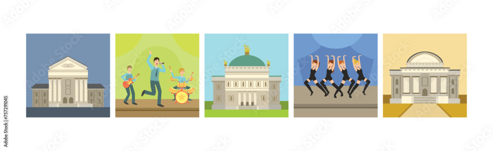 Poster theater performance with people character show on stage and building vector set