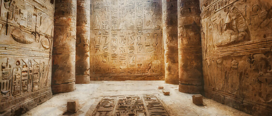 Panoramic view of the ancient egyptian hieroglyphs on temple walls - obrazy, fototapety, plakaty